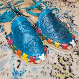 Rose Stamped Colorful Blue Leather Huaraches Mexican Made, Size 8